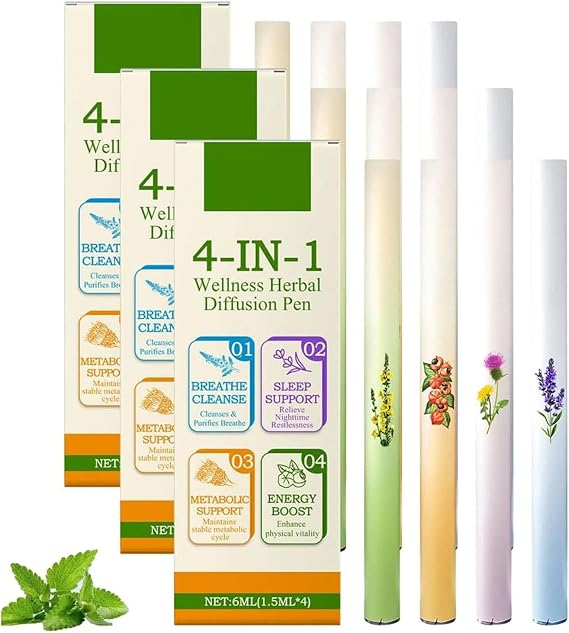 4Pcs/Box Herbal Diffuser Pen, Aromatherapy Inhaler Stick, Dual-Action Herbal Purifier Pens, Portable Vaporless Fum Inhaler for Cleanse,Breathing Aid & Oral Freshening, All-Natural Botanicals (3Box)