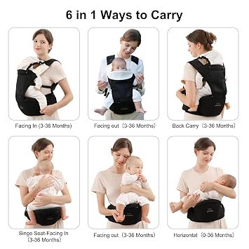 Bebamour Baby Carrier with Hip Seat,All-Position Breathable Mesh Hip Seat & Carrier 0-36Months with Head Hood, 3 PCS Teething Pads, Waist Extender,Storage Bag & Pacifier Case,Black
