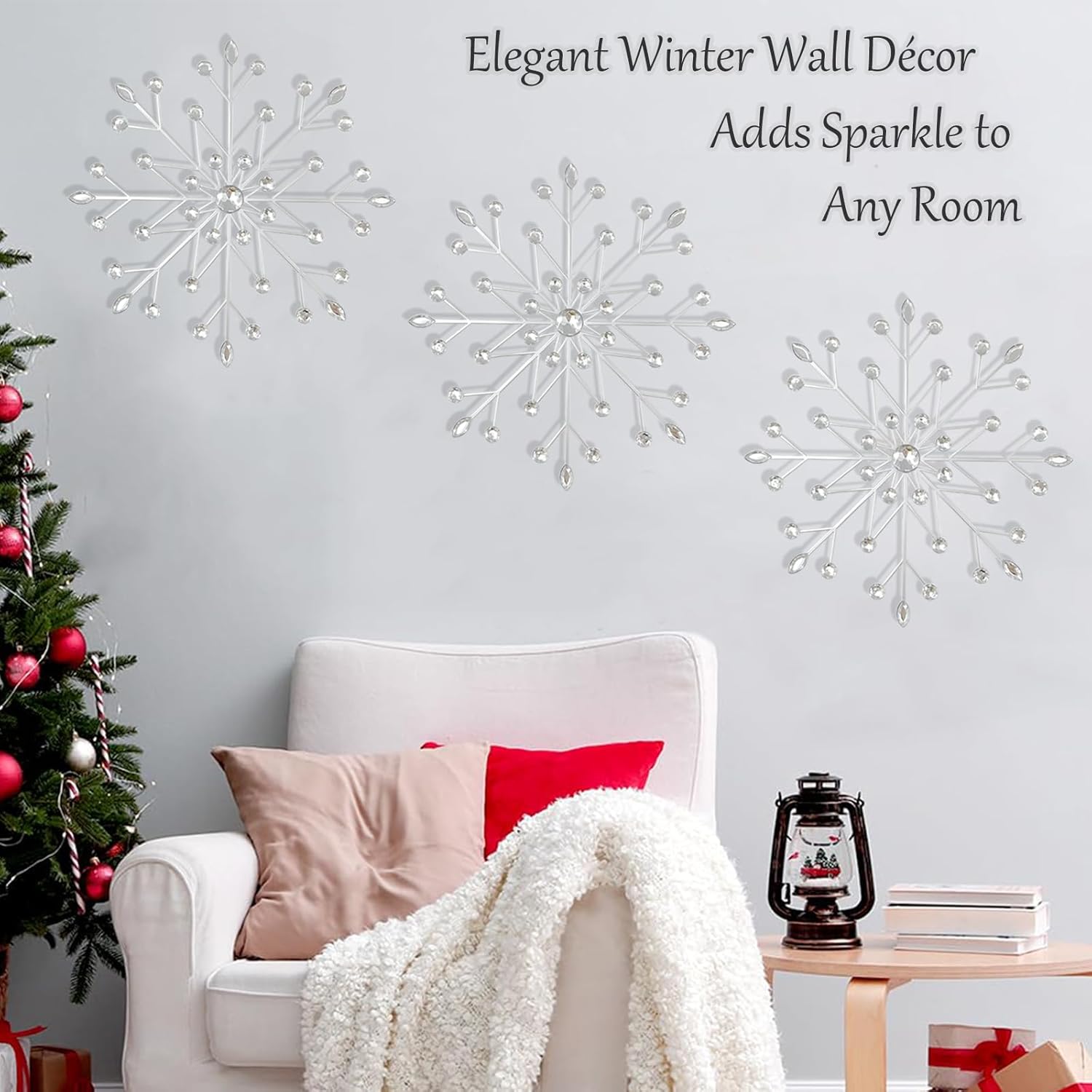 SIYIKRYP Set of 3 Snowflake Metal Wall Art Decor – 11.8" Starburst Wall Sculpture with Silver Crystal Accents, Modern Hanging Decoration for Living Room, Bedroom & Holiday
