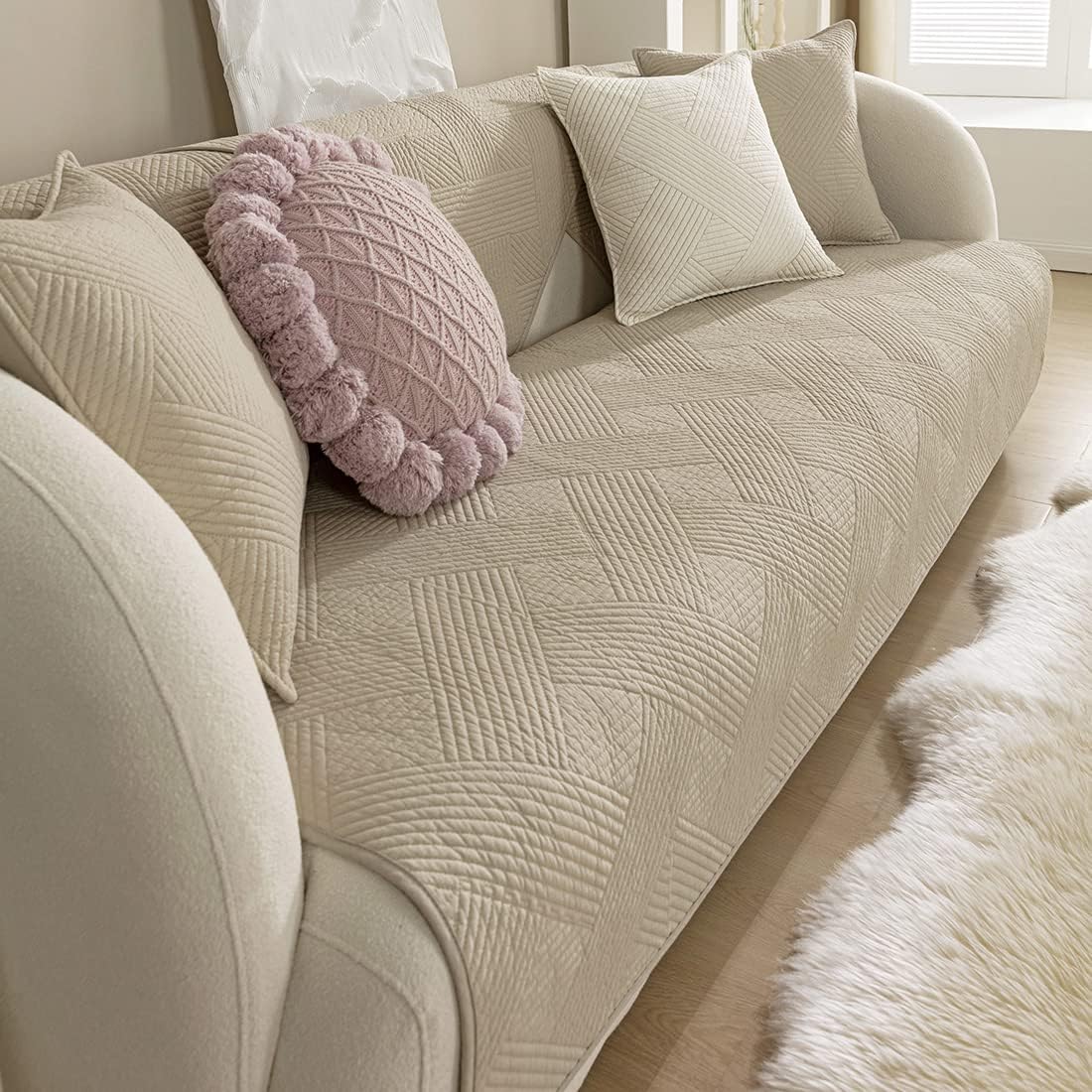 vctops Weave Stripe Sofa Cover Solid Color Cotton Quilted Sectional Couch Covers Geometric Pattern Non Slip Sofa Slipcover Super Soft Furniture Protector for Dogs, Children, Pets (Yellow,28"x70")