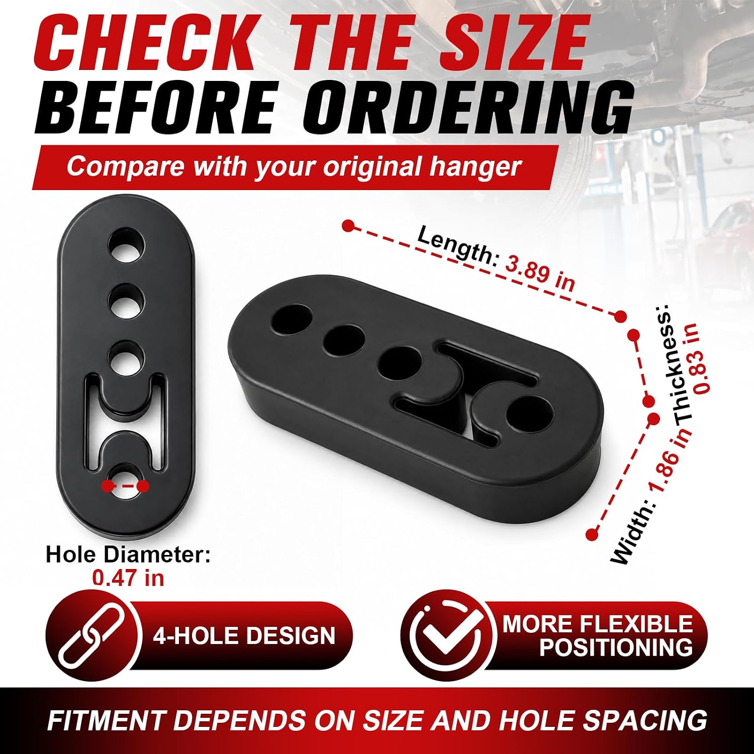 Rubber Exhaust Hangers, 4 Pack 4-Hole Adjustable Muffler Hangers, Exhaust Hanger Rubber Insulator Bushing Mount, 0.47 Inch EPDM Exhaust Mounts for Cars Trucks SUVs