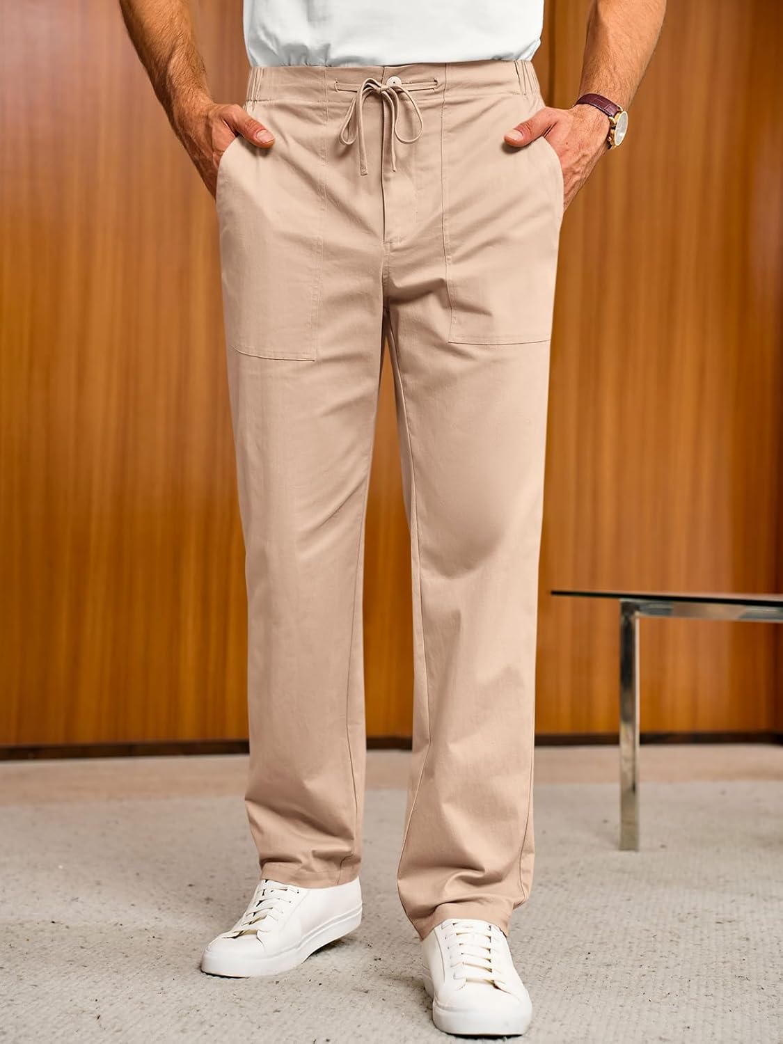 Runcati Mens Casual Linen Pants Drawstring Elastic Waist Trousers Lightweight Loose Fit Beach Pants - Image 2