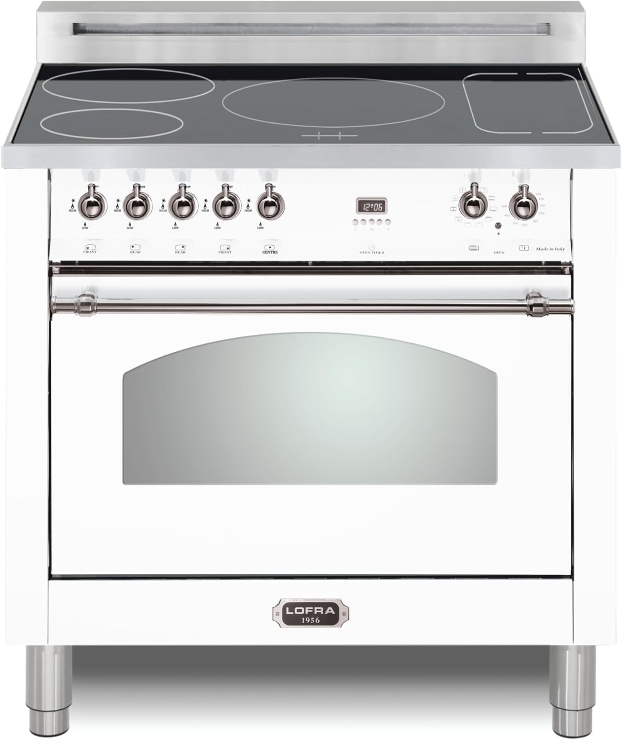 DolceVita Series 36 Inch Induction Freestanding Range Oven Stove, 5 Heating Zones,1 Bridge Zone, Power Boost, Convection, 9 Cooking Modes, Stainless Steel Knobs and Handrail, White