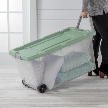 40-Gallon Wheeled Storage Bins (2-Pack) - Heavy Duty Plastic Totes with Lids & Handles - Industrial Garage/Utility Containers for Tools, Camping Gear (36.9 x 21.4) (Clear/Green)