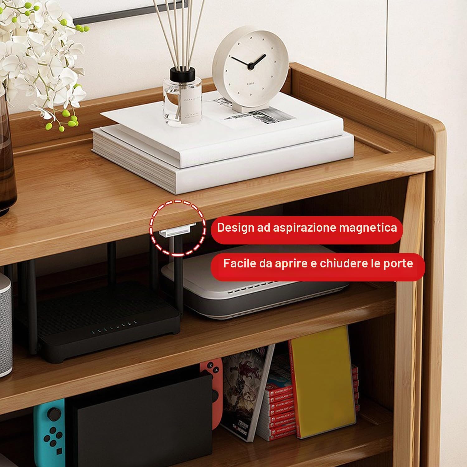 Armadio Porta Router WiFi in bambù con Ripiani Regolabili Armadio Multifunzionale Indipendente con 2 Ante Scatola Nascosta per Router WiFi per Camera Soggiorno E Uffici,Bianca,59 * 25 * 82cm