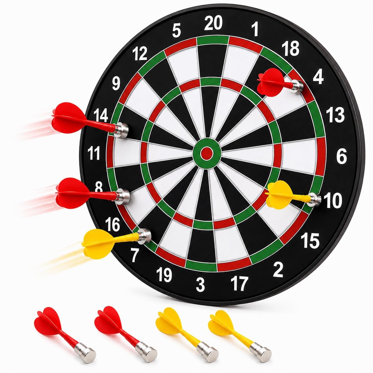 brand conquer magnetic dart board game for kids & adults, magnetic dartboard with 4 magnetic darts, safe indoor outdoor family party game, blister pack (11 inches)