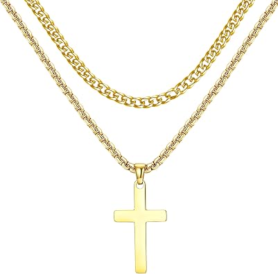 Cross Necklace for Men - 14K Gold Silver Black Plated Stainless Steel Layered Cross Chain Crucifix Necklace Cuban Link Herringbone Chain Box Chain Cross Pendant Fashion Jewelry Gifts 16 18 20 22 24 Inches
