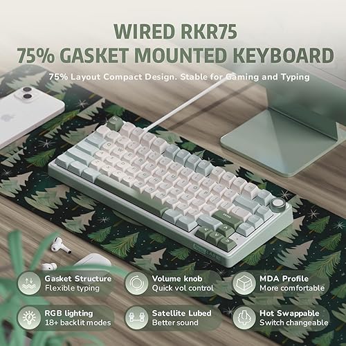 Miniatura 2 de RK ROYAL KLUDGE Teclado mecánico R75 con cable con perilla de volumen, 75% de junta de teclado montada, intercambiable en caliente, sonido cremoso