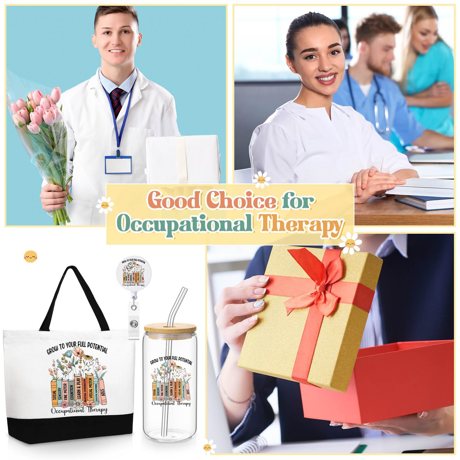 Vesici 3 Pcs Occupational Therapist Appreciation Gifts for Women, 16 oz Glass Cup Large Canvas Tote Bag with Retractable Badge Reel Occupational Therapist Week Gifts