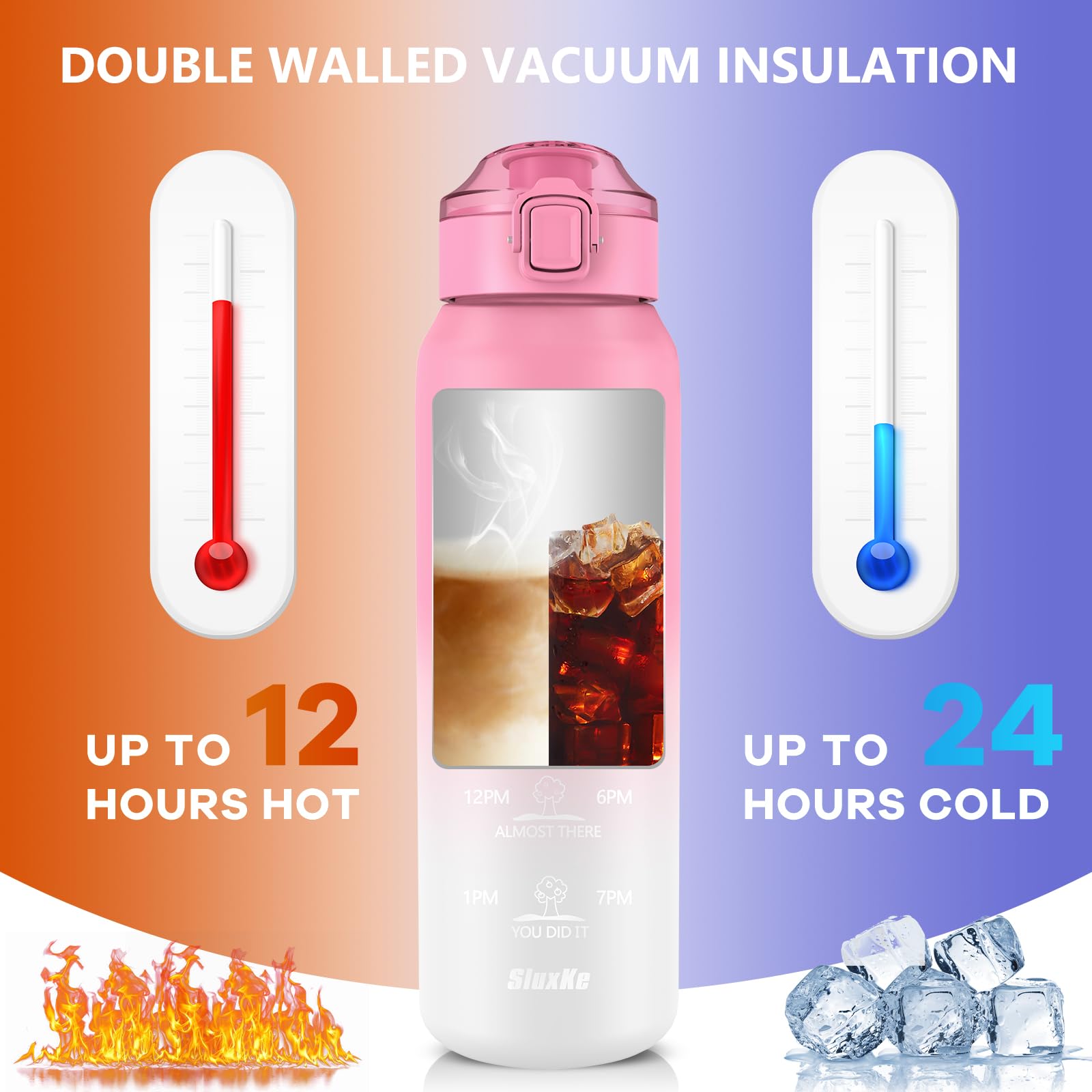 SLUXKE Borraccia sportiva in acciaio inox con cannuccia, 700 ml, in acciaio inox 18/10, con 2 coperchi, a prova di perdite, a doppia parete, per attività all'aperto, lavoro, bambini (rosa Bianco)
