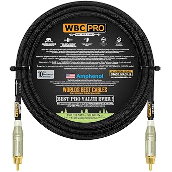10 Foot - WBC-PRO-Quad Ultra-Silent, Ultra-Flexible, Star-Quad Center-Channel, Subwoofer Cable with Amphenol ACPR-SWH Die-Cast, Gold Plated RCA Connectors & Black Tweed Jacket Directional Design