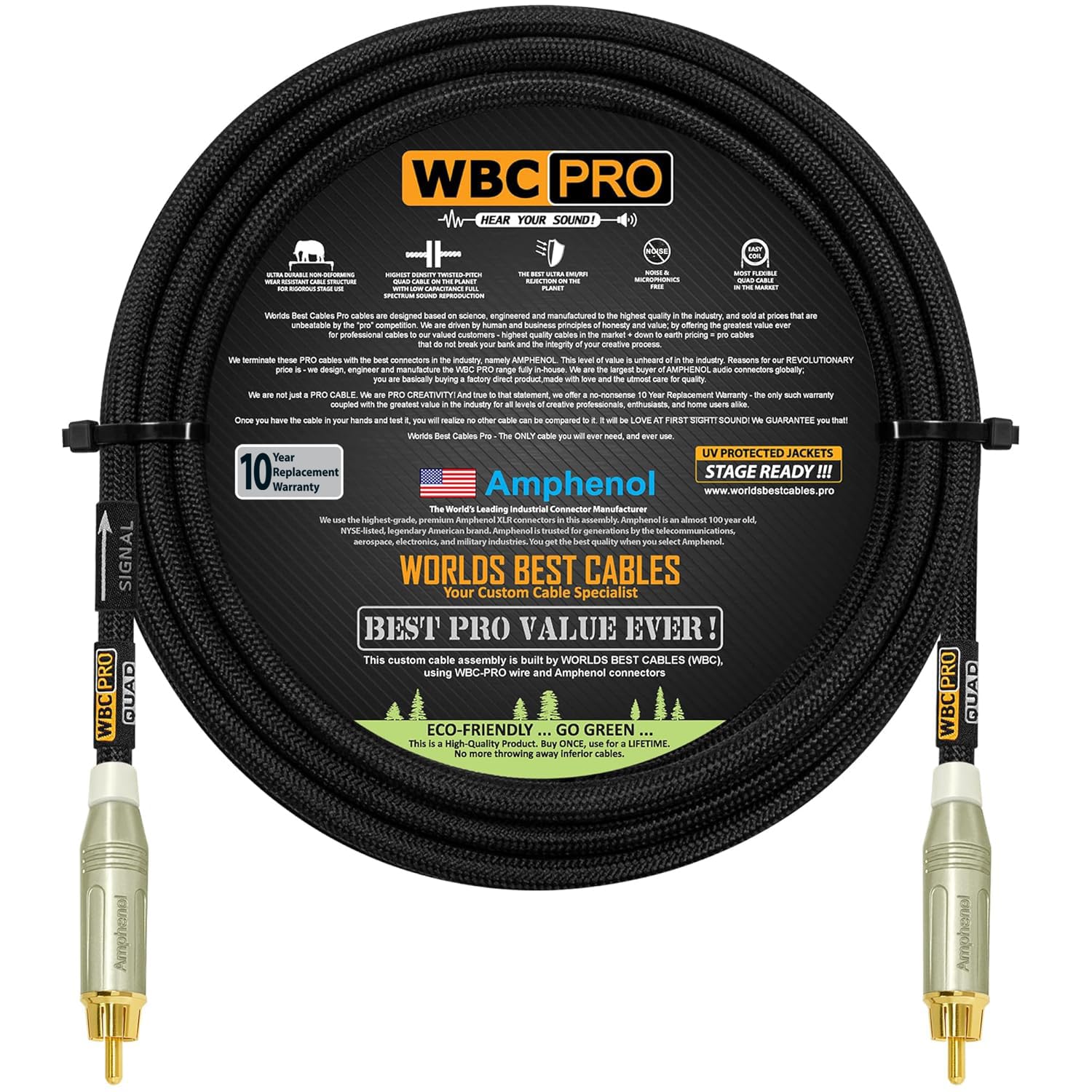 WBC-PRO-Quad - Cable de subwoofer ultra silencioso, ultra flexible, canal central Star-Quad de 10 pies, con conectores RCA Amphenol ACPR-SWH, chapados en oro y cubierta de tweed negro, diseño