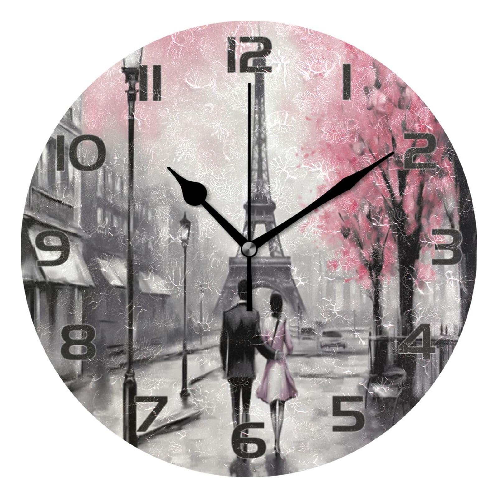 Ensound Paris Eiffel Tower Wall Clock Non Ticking Silent Art Decorative Round Clock for Living Room Kitchen Bedroom Office School 12 Inch