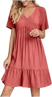 Textured Summer Dress for Women UK Fashion Short Sleeve V Neck Casual Pleated Ruffl…