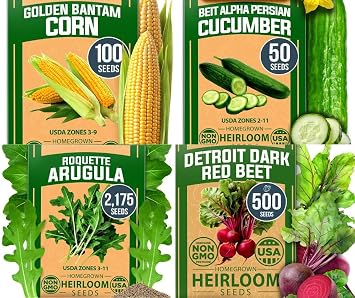HOME GROWN USA PREMIUM Arugula Roquette Seeds 175 & Golden Bantam Corn 100 & Persian Cucumber 50 & Detroit Dark Red Beet 500