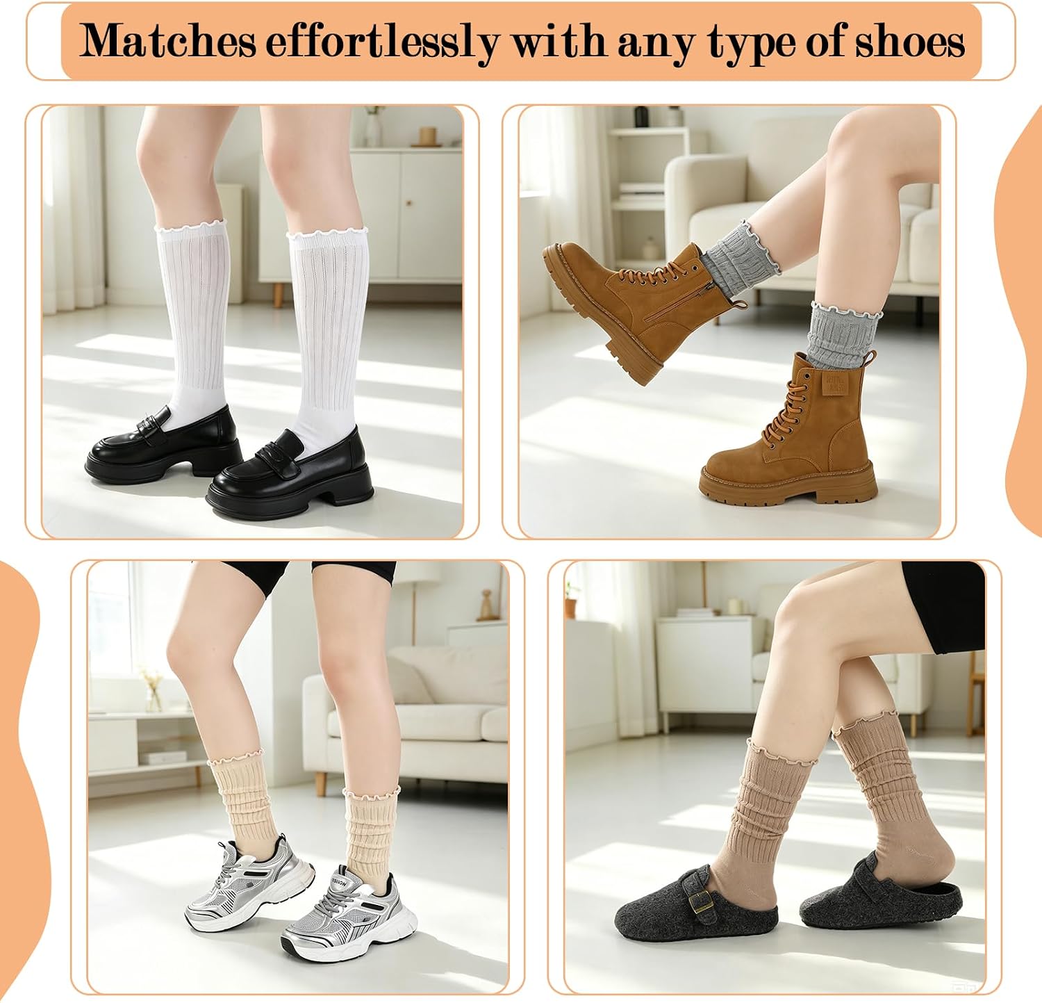 6 Pairs Ruffle Slouchy Socks for Women Cotton Sweet Frilly Socks | Cute Cozy Slouch Crew Socks Casual Scrunch Tube Socks for Boot Sneaker 80s 90s Retro Long Socks Stretchy Top Flexible Knit