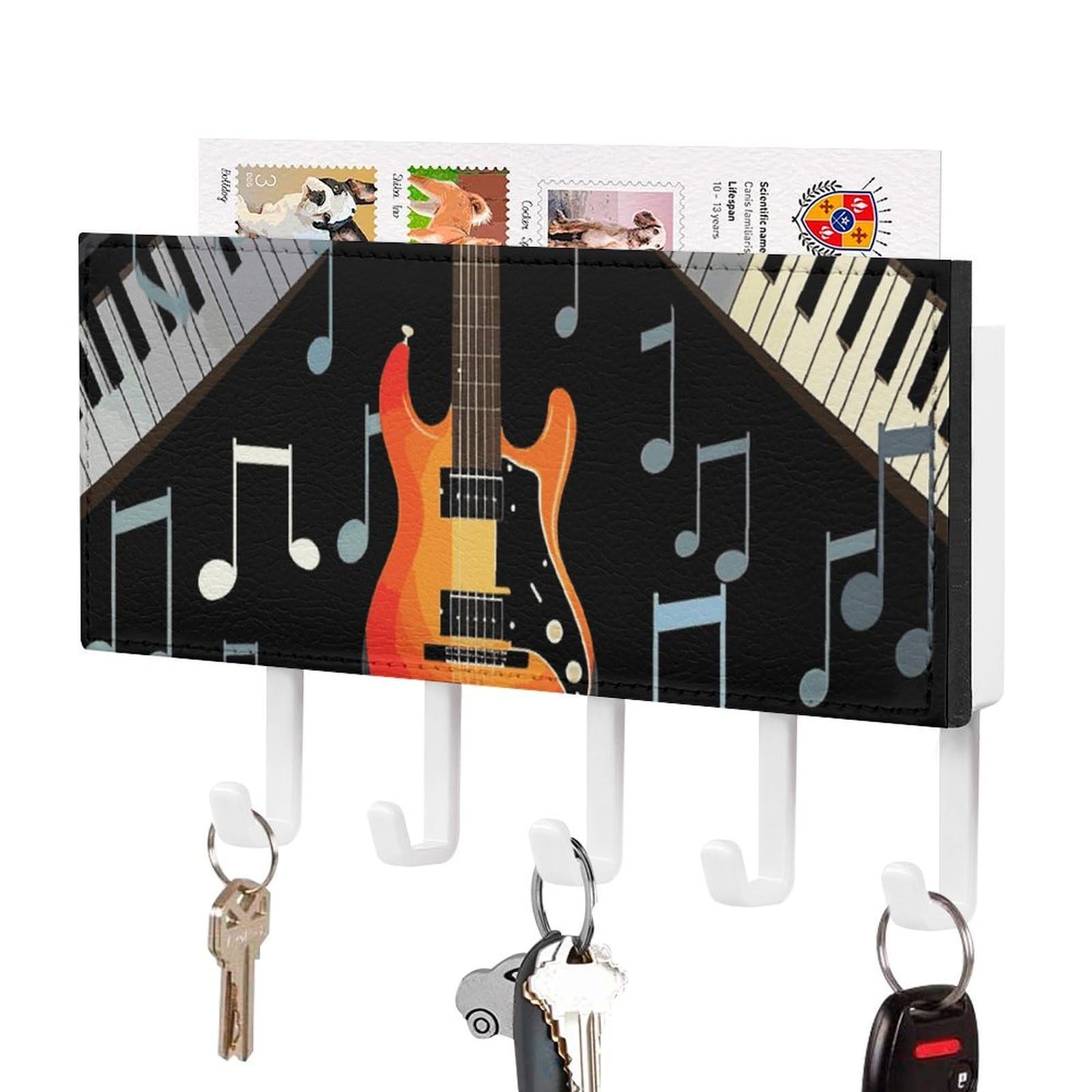 JTREHY Guitar Piano Pattern Holder Wall-Mounted Key and Mail Holder,Key Rack with 5Keys Hooks, Easy to Install Mail Organizer for Entryway, Front Door, Hallway, Office