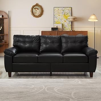 79-inch 3 Seater Couch with Storage, Mid-Century Vintage Retro Faux Leather PU Upholstery Tufted Cloud Comfy Deep Seat Sofa Couch for Living Room Office Apartment, Black