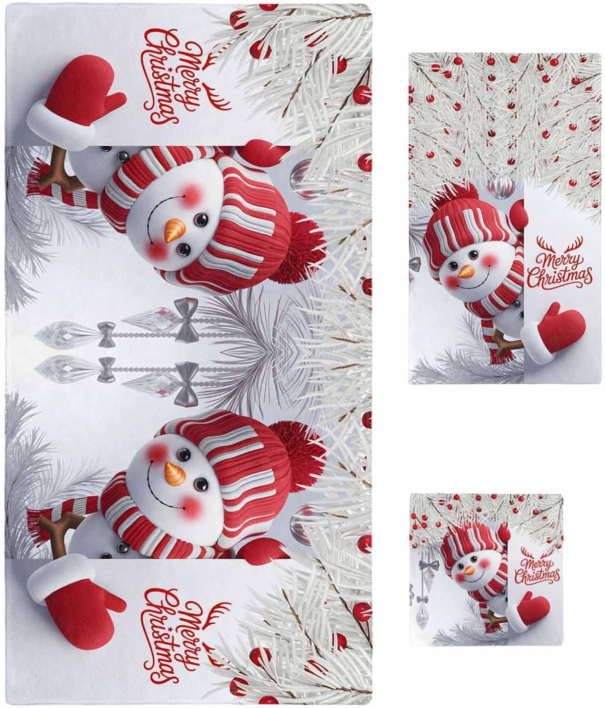 Merry Christmas 3 Piece Bath Towels Set, Cute Snowman White Pine Branches Winter Holiday Soft & Absorbent Towels for Bathroom, Hotel (1 Bath Towel 30x60, 1 Hand Towel 16x28, 1 Washcloth 13x13)