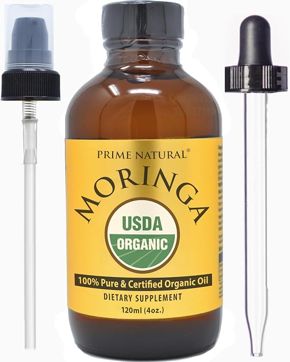 PRIME NATURAL Organic Moringa Oil, Pure,Cold Pressed, USDA Certified - 4oz | 100% Pure, Cold Pressed, Virgin, Unrefined, Dietary Supplement - Energy, Joints, Skin, Face, Body, Hair, Glass Bottle