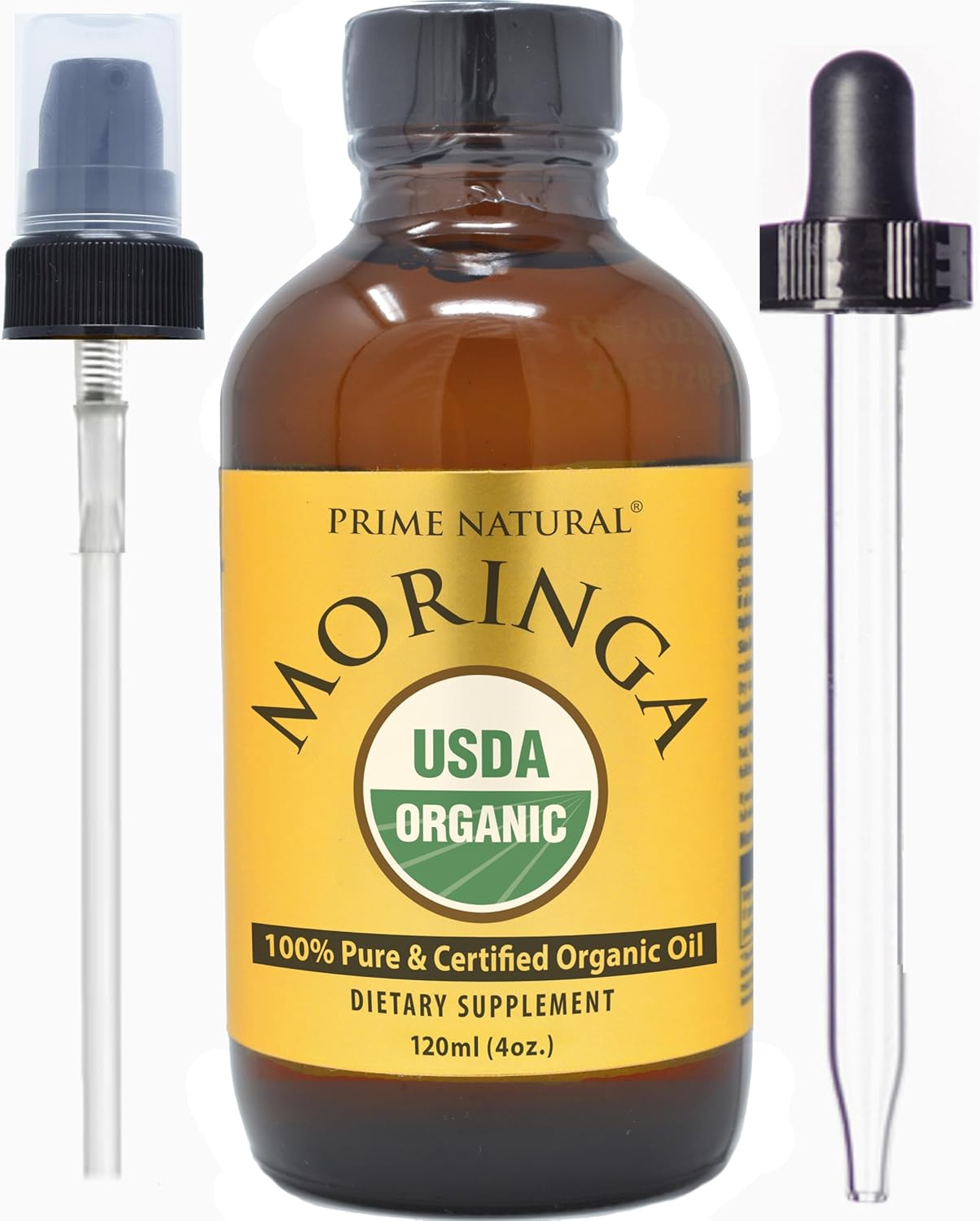 PRIME NATURAL Organic Moringa Oil USDA Certified, 100% Pure, Cold Pressed, Virgin, Unrefined Oil (4oz /120ml) - Moringa Dietary Supplement - Energy, Joints, Skin, Face, Body, Hair, Vegan, Food Grade
