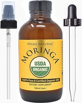 PRIME NATURAL Organic Moringa Oil USDA Certified, 100% Pure, Cold Pressed, Virgin, Unrefined Oil 4oz /120ml - Moringa Dietary Supplement - Energy, Joints, Skin, Face, Body, Hair, Vegan, Food Grade