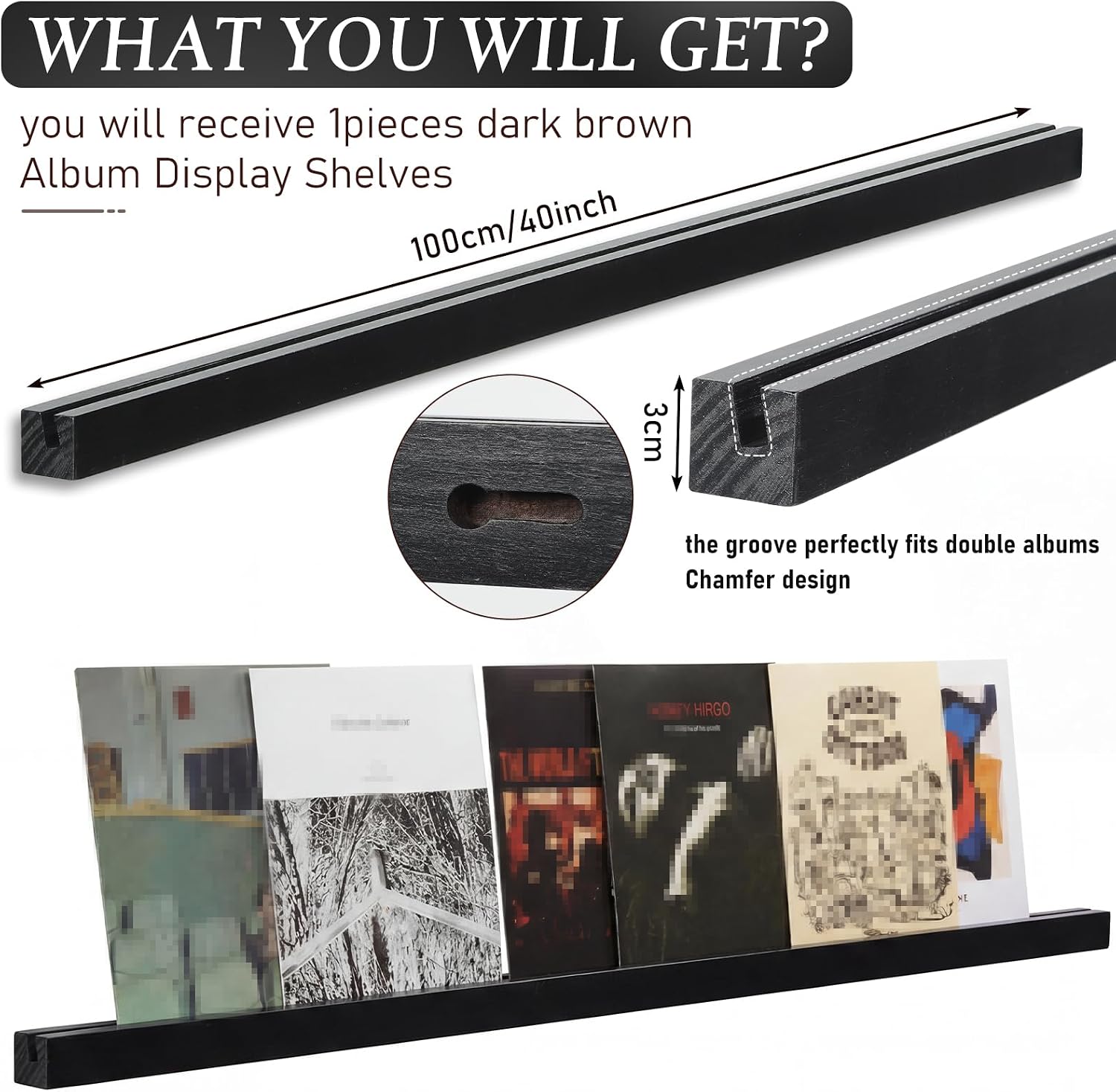 Pinkunn 3 Pcs 40 Inches Vinyl Wall Mount Record Display Shelf, Extra Long Wood Vinyl Record Holder, Album Display Holder Floating Shelf for Office Home Wall Decor Bookshelf Magazine(Black)