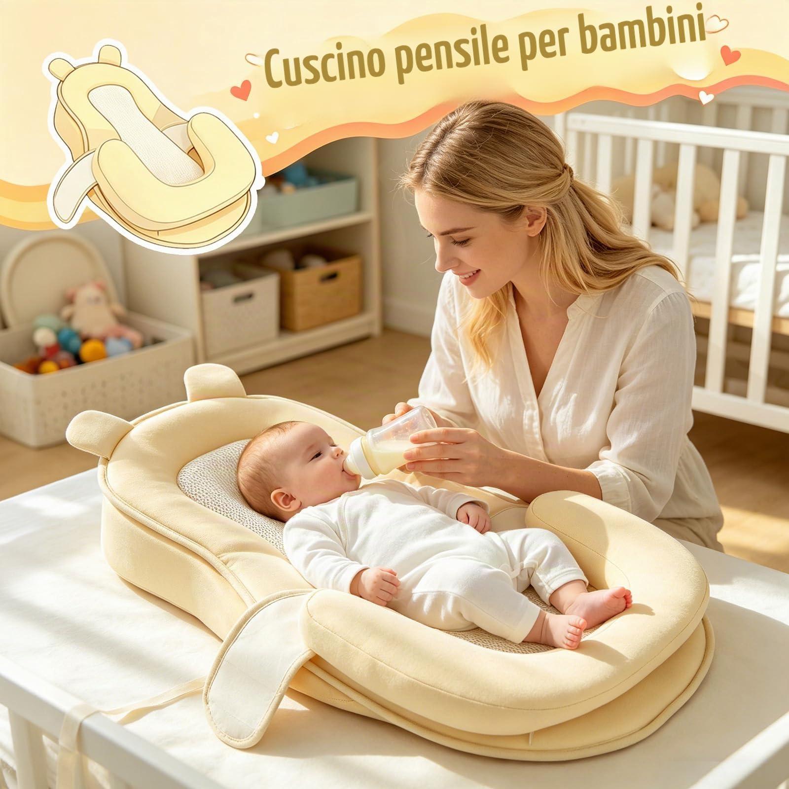 Cuscino per allattamento con bordo di sicurezza, multifunzionale, per mamme con cintura di sicurezza regolabile, cuscino a cuneo per il reflusso e la riduzione del sputo, supporto per l'allattamento