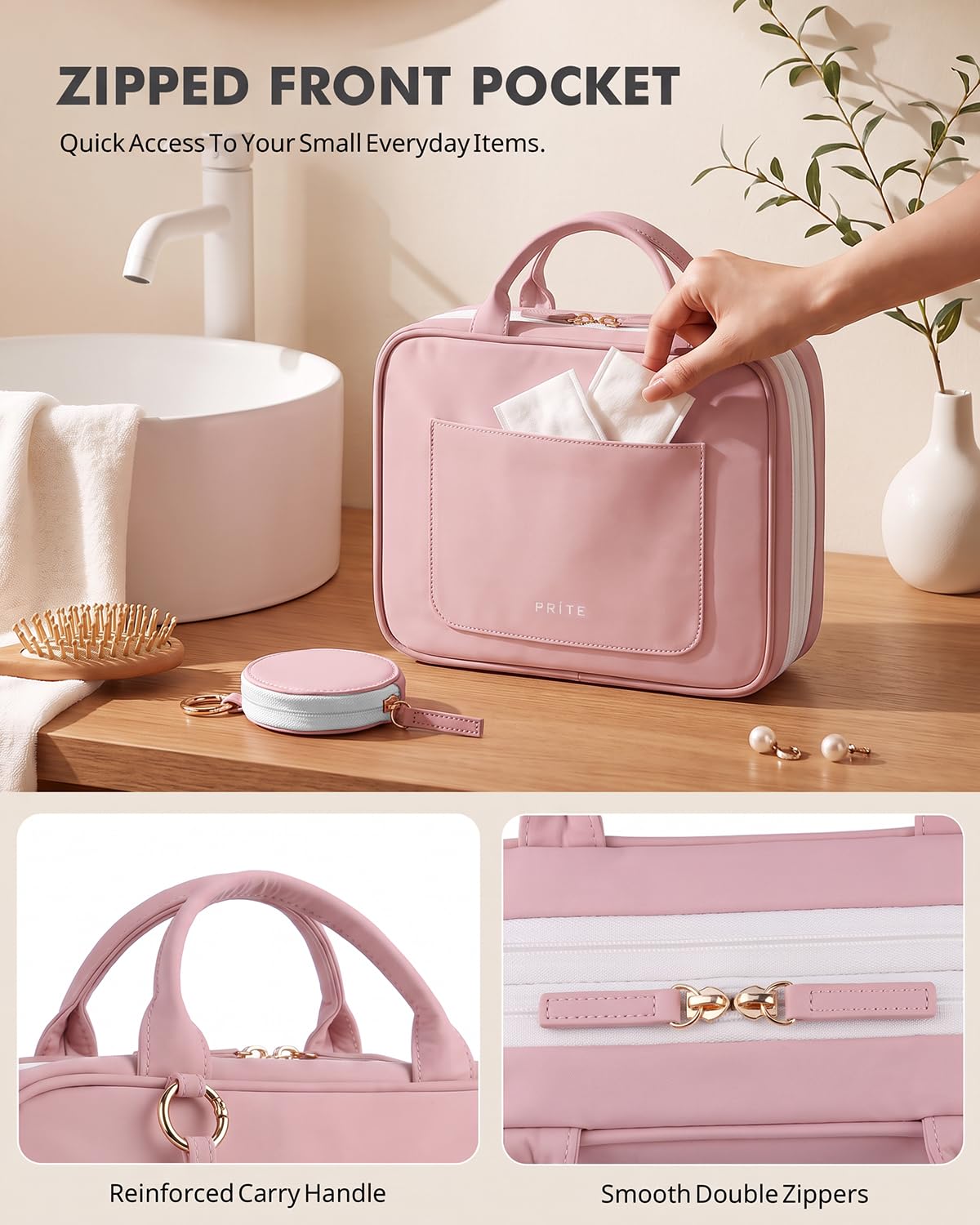 Prite Erweiterbare Reise Kulturtasche für Damen zum Aufhängen, Rosa, L