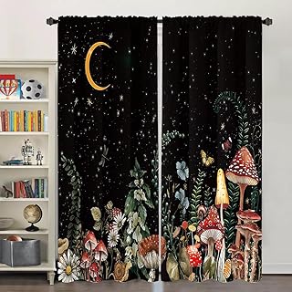 Miyotaa Mushroom Fairy Window Curtains 2 Panels 52W x 84H Rod Pocket Black Night Gothic Cottagecore Witchy Mysterious Botanical Polyester Window Drapery Treatment for Bedroom Living Room