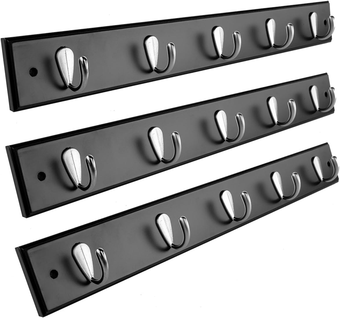 For Living (3 Pack) Wall Mounted 20” Hanging Rail Coat Racks 5 Nickel J-Hooks Black Wooden Board
