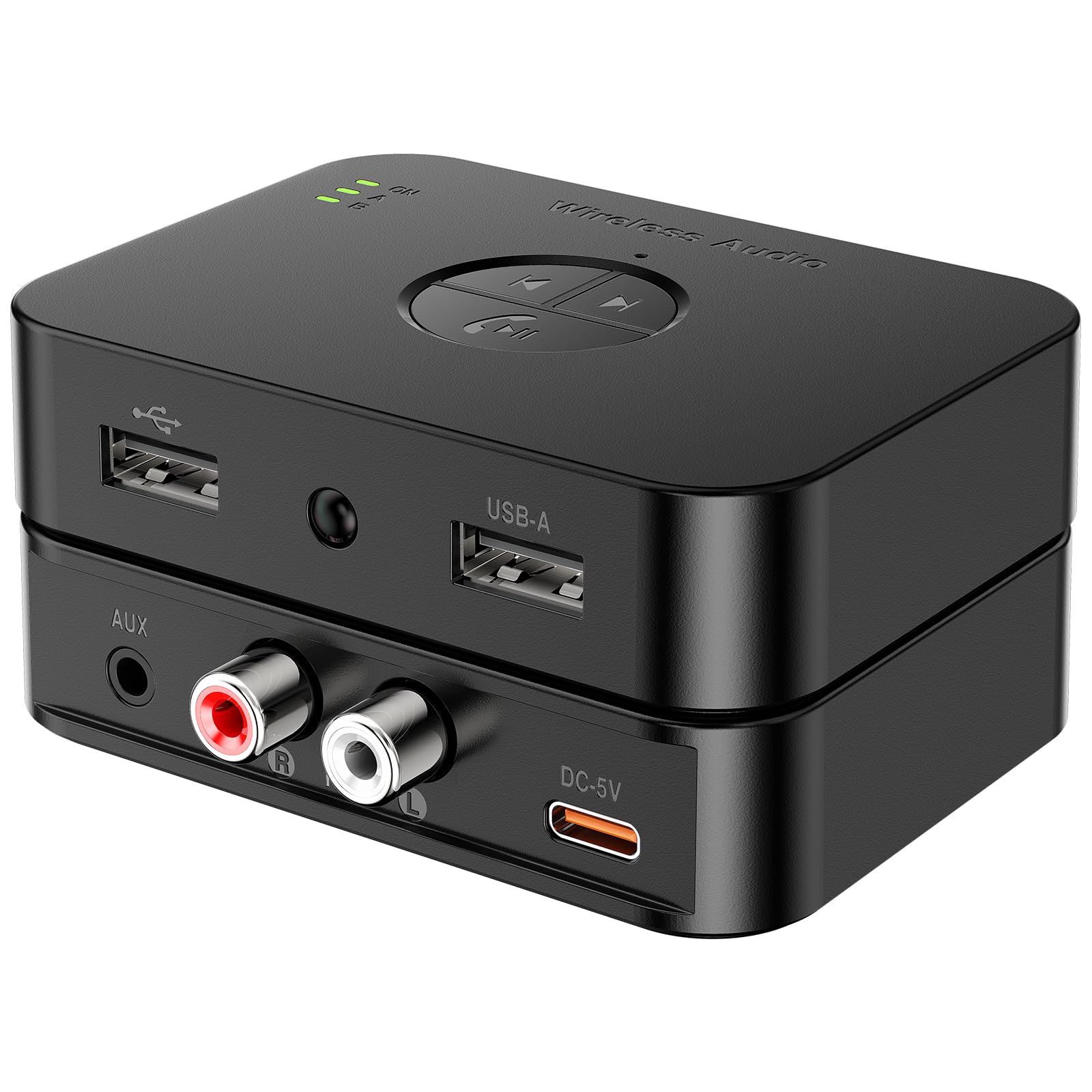 Bluetooth 6.0 Audio Receiver with USB Charging Port, Dual Link and AUX/RCA Simultaneous Output, Ultra-Clear Noise-Canceling Microphone, USB Flash Drive Playback Function
