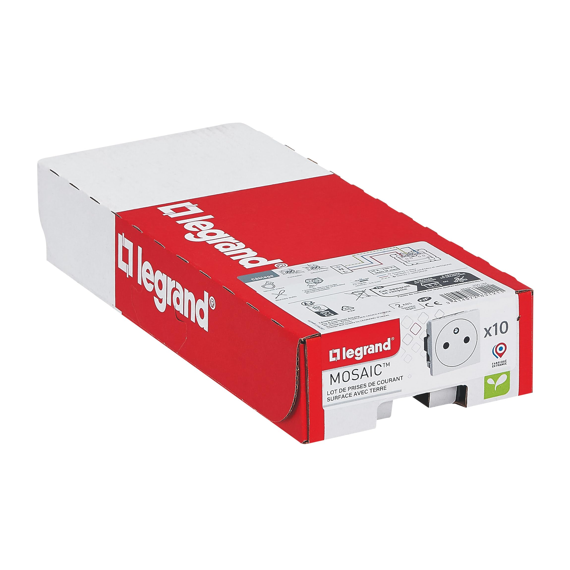 Legrand | Lot de 10 prises 2P+T 2 modules Mosaic, Blanc, 16A 250V, protection enfant renforcée pour sécurité, connexion rapide sans outil