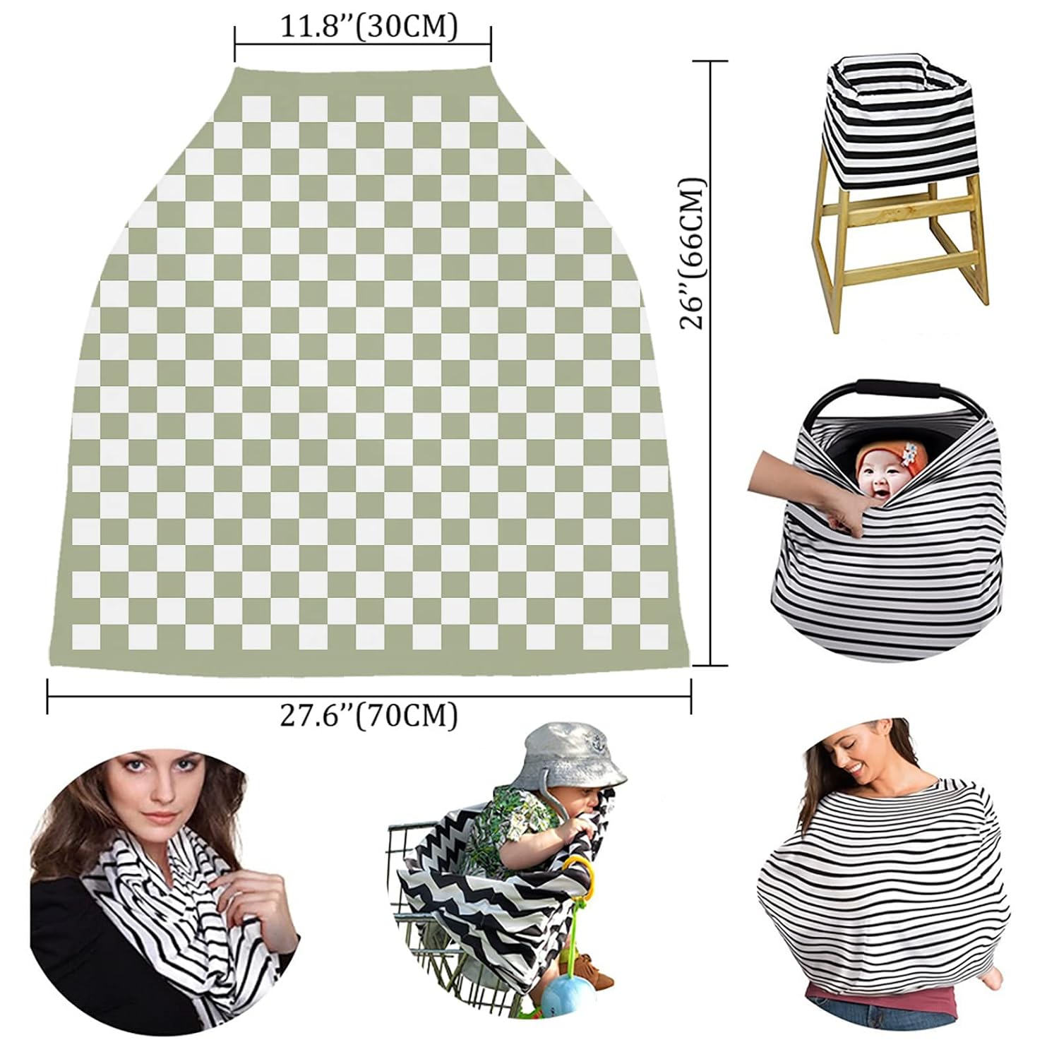 Sage Green Car Seat Covers for Babies, Nursing Breastfeeding Covers Stretchy Breathable Baby Carseat Canopy Cover for Girls and Boys Shower Gifts Modern Minimalism Checkered Plaid