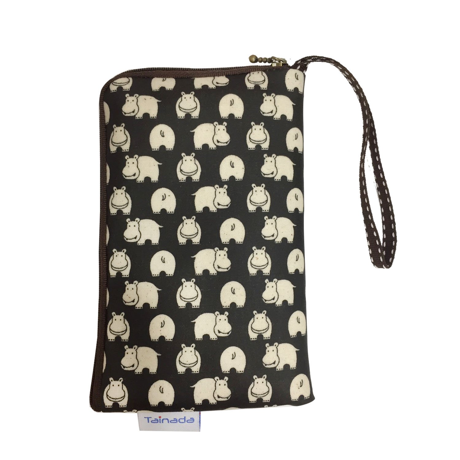 TainadaWomen Universal Phone Wristlet Wallet Pouch, Dual Slots Zipper Purse Carry Case Bag for iPhone 14/13 / 12, 14/13 / 12 Pro Max, 14 Plus; Samsung S22+, S21 FE, S21, A53 (Hippo Pattern Black)