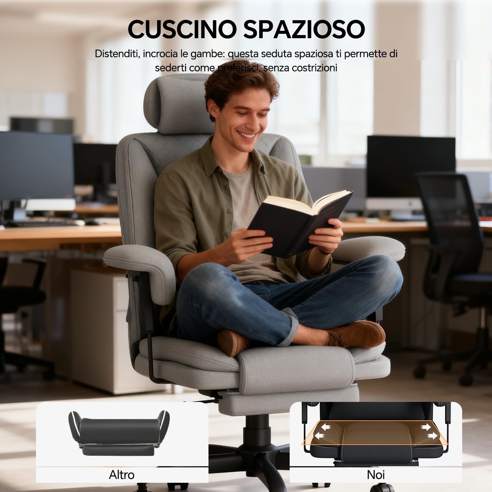Sedia Scrivania Sedia Ufficio Direzionale Braccioli Sollevabile, Poltrona Ufficio Ergonomica con Schienale Alto Regolabile in Altezza con Supporto Lombare, Sedia da Ufficio 200KG, Grigio