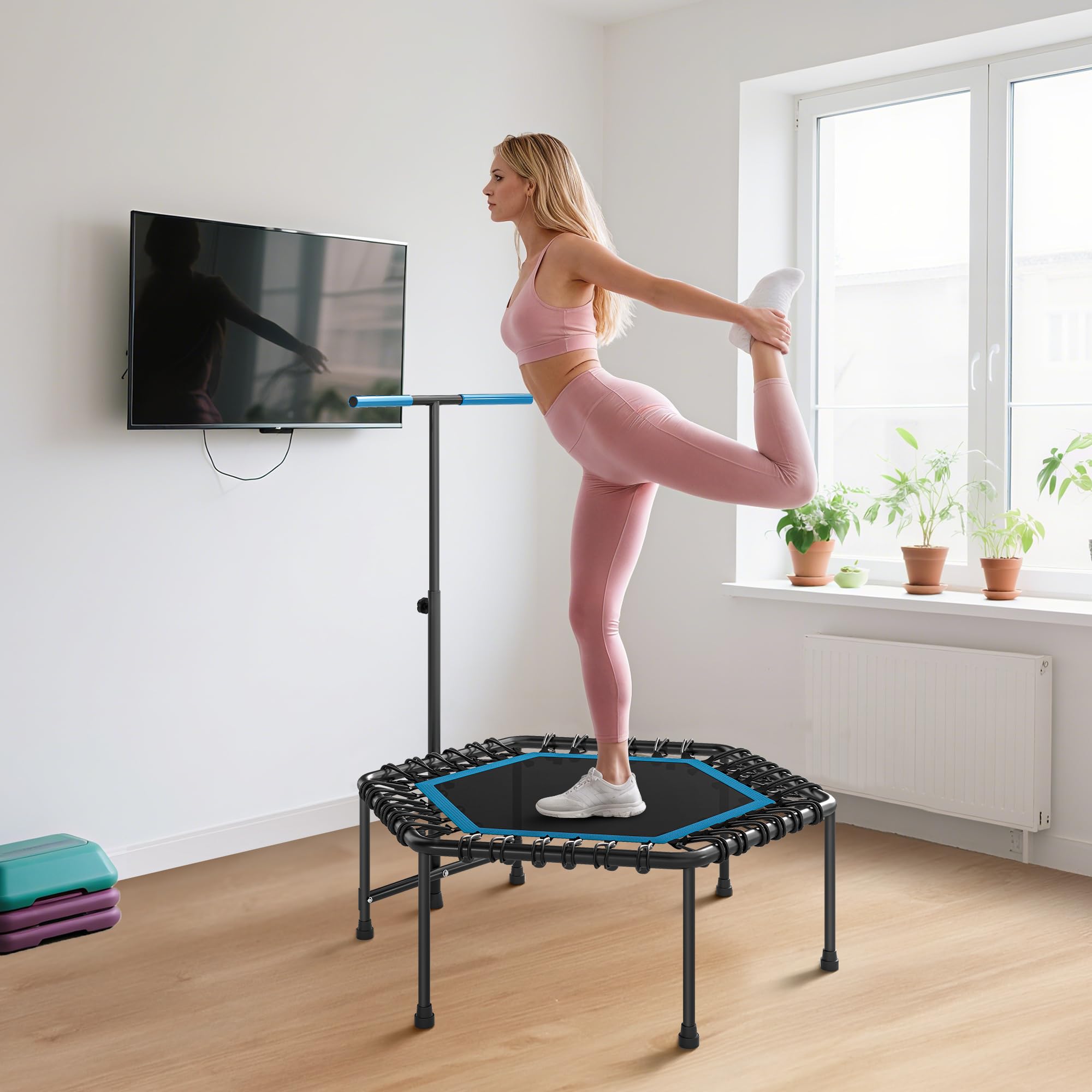 SPORTNOW Trampoline de Fitness 114 cm avec Cordes élastiques, poignée réglable sur 3 Positions, Trampoline Adulte Charge 100 kg Stable et Silencieux pour entraînement intérieur