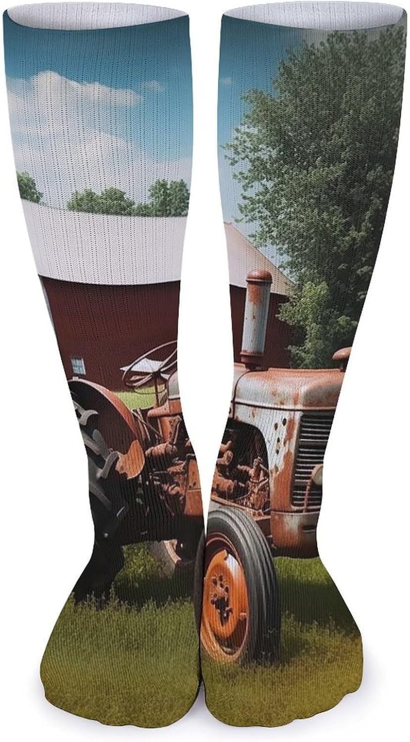 Breathable Crew Sock, Moisture Wicking, Athletic Calf Socks, Cozy | Company Farm Tractor Compression Socks for Women Men, Lightweight High Work Socks for Business, Casual