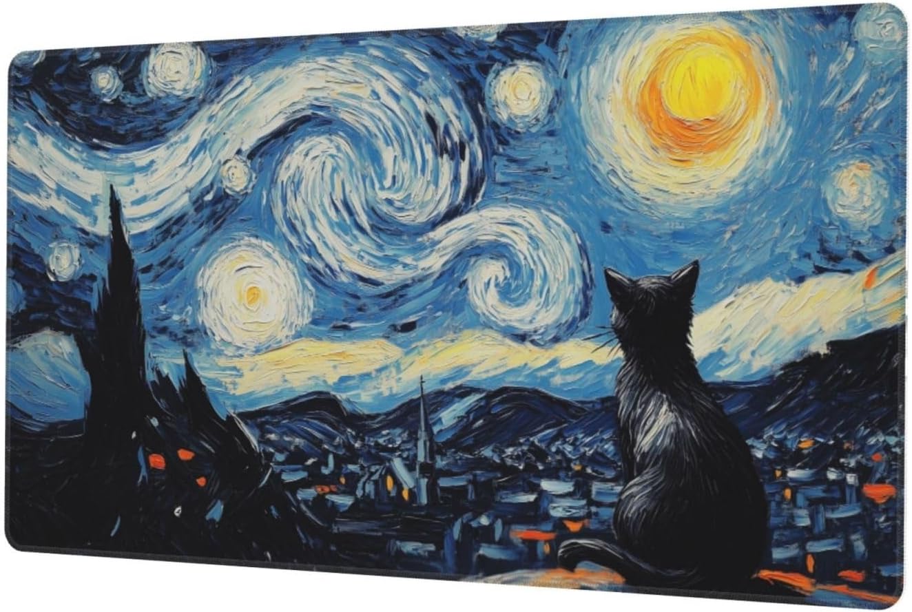 MTG Playmat Starry Night Cat Painting TCG Play Mat Original Hand-Painted Smooth Surface Stitched Edges Non-Slip Rubber Base for Trading Card Games Board Games 23.5x13.6in