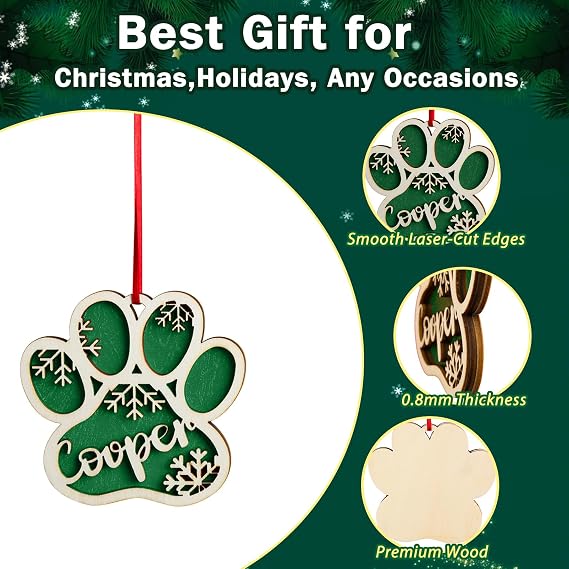 Personalized Pet Paw Ornament, Wooden 2 Layer Christmas Ornament with Name, Gift for Dog Lover or Pet Memorial Keepsake, Pet Name Christmas, Winter Snowflake Wooden Holiday Decor (Style 01)