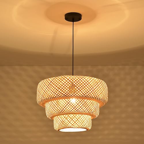 Miniatura 6 de LHJIHFU Luces colgantes para isla de cocina con forma de lamshape de bambú de 3 capas, moderna lámpara colgante de bambú tejida a mano para sala de