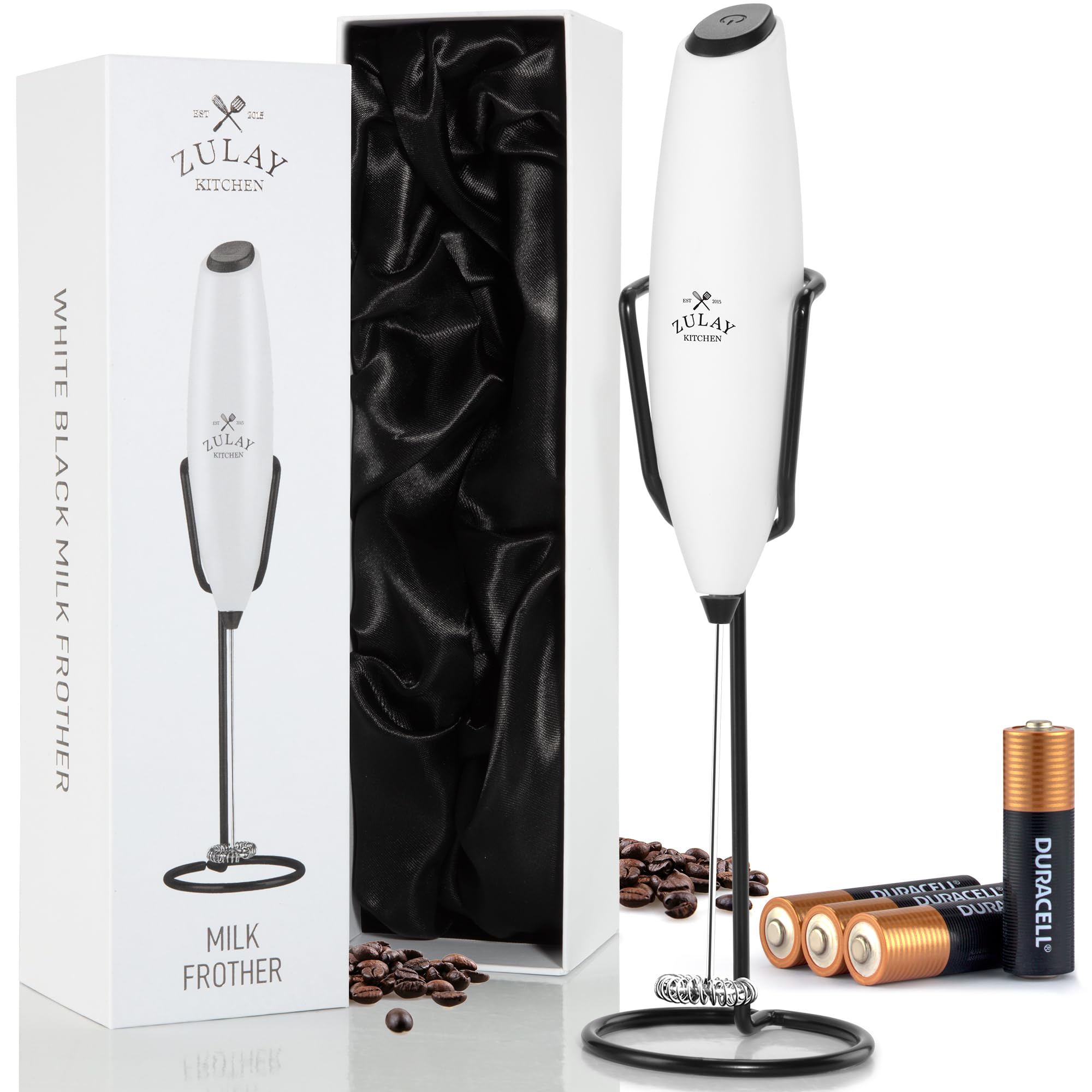Zulay Kitchen Powerful Milk Frother Wand With Duracell Batteries - Ultra Fast Handheld Drink Mixer - Electric Whisk Foam Maker for Coffee, Lattes, Cappuccino &amp; Matcha - Z1 Motor - Exec White &amp; Black