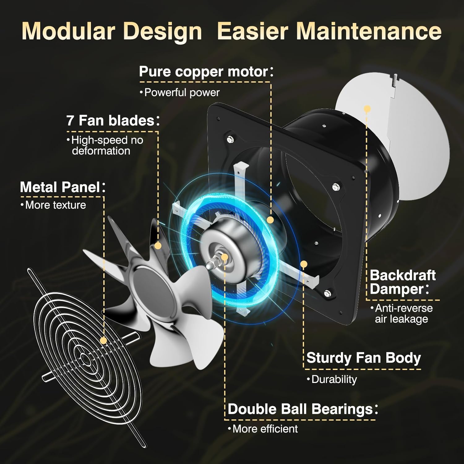 FanGoFast Exhaust Fan Stainless Steel Ventilation Fan with Switch Wall mounted Bathroom fan with check valve for Kitchen, Workshop, Basement (Black, 10 inch)