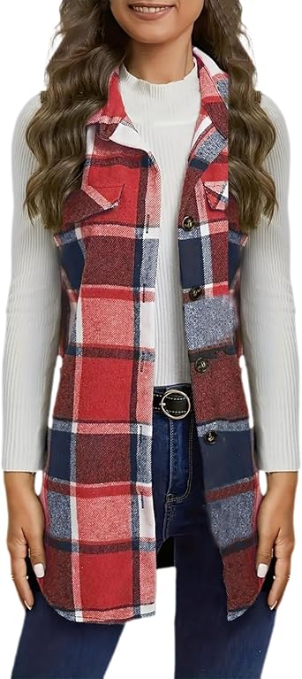 Lolvmvchi Plaid Vest Fall Flannel Vest for Women Casual Button Down Shirts Sleeveless Long Jacket Lightweight Lapel Neck Coat