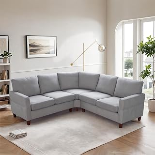 L Shaped Couch, Small Sectional Sofa for Living Room, L Couch with Pocket Springs Seat Cushion, Linen Fabric, Tapered Legs, Comfy Corner Sofa for Small Space, Apartment, Office, Light Grey