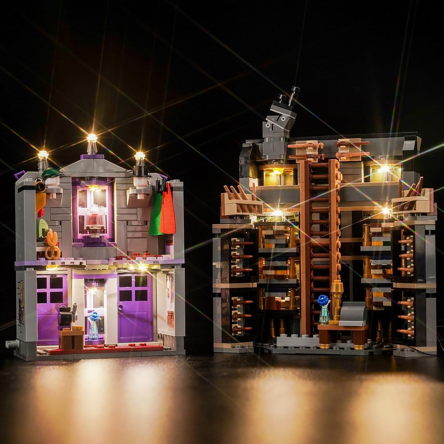 The fully lit LEGO Ollivander & Madam Malkin's Robes Building Set, showcasing the installed Hilighting LED Light Kit with bright, warm illumination.