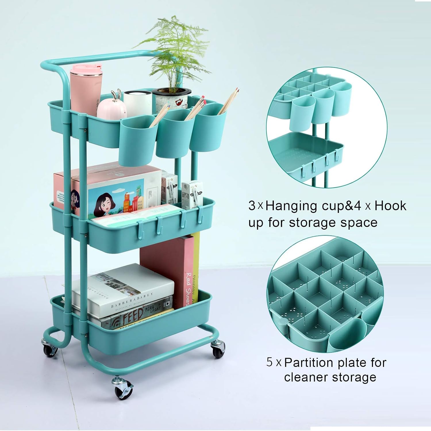 VARMHUS 3-Tier Rolling Utility Cart, Multifunction Storage Cart with Wheels,Easy Assembly Craft Art Rolling Utility Cart for Kitchen, Bathroom, Office, Coffee Bar (Blue)