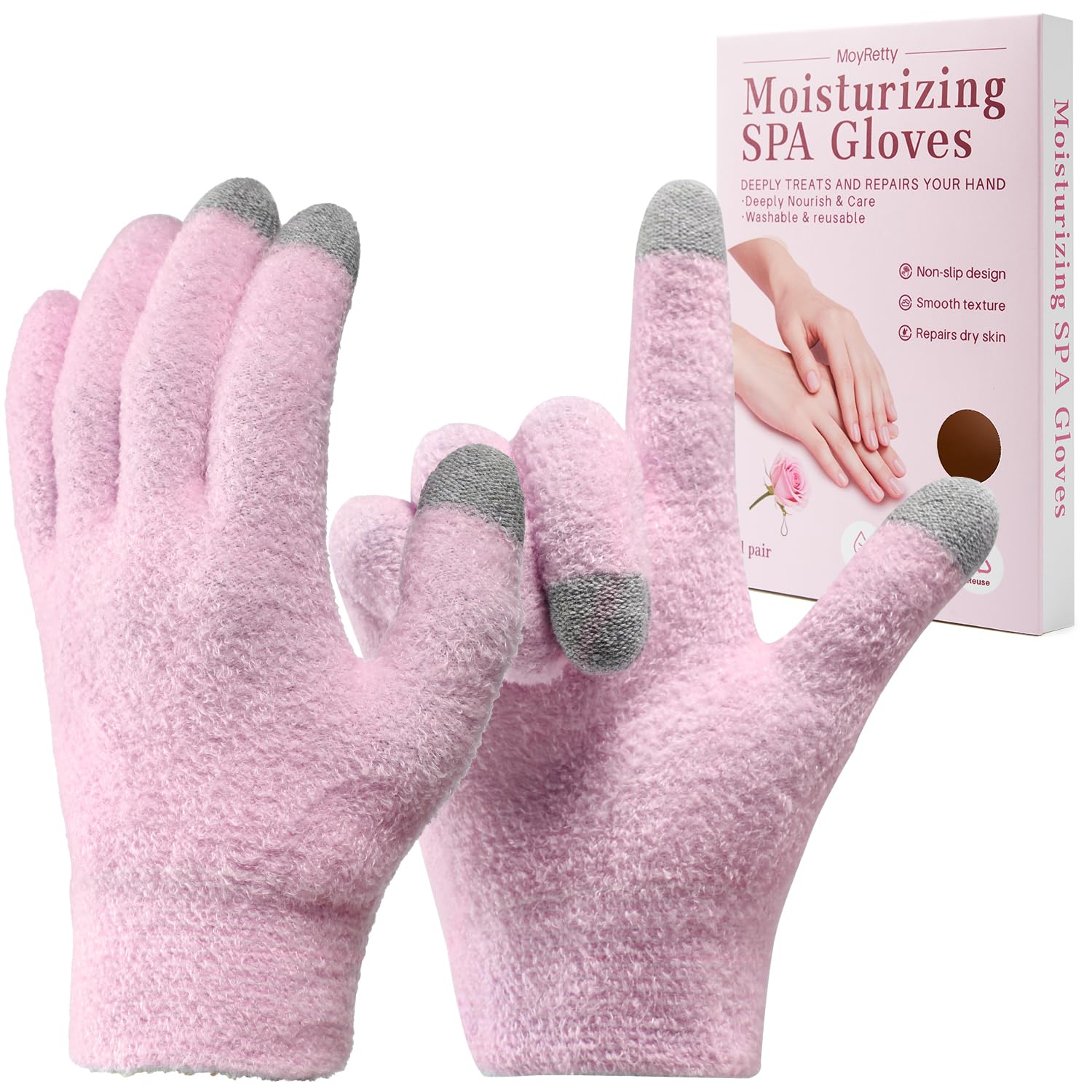 MoyRetty Touchscreen Silicone Moisturizing Gloves for Dry Hands Overnight, Reusable Hand Spa Gloves with Vitamin E & Jojoba Oil-Pink