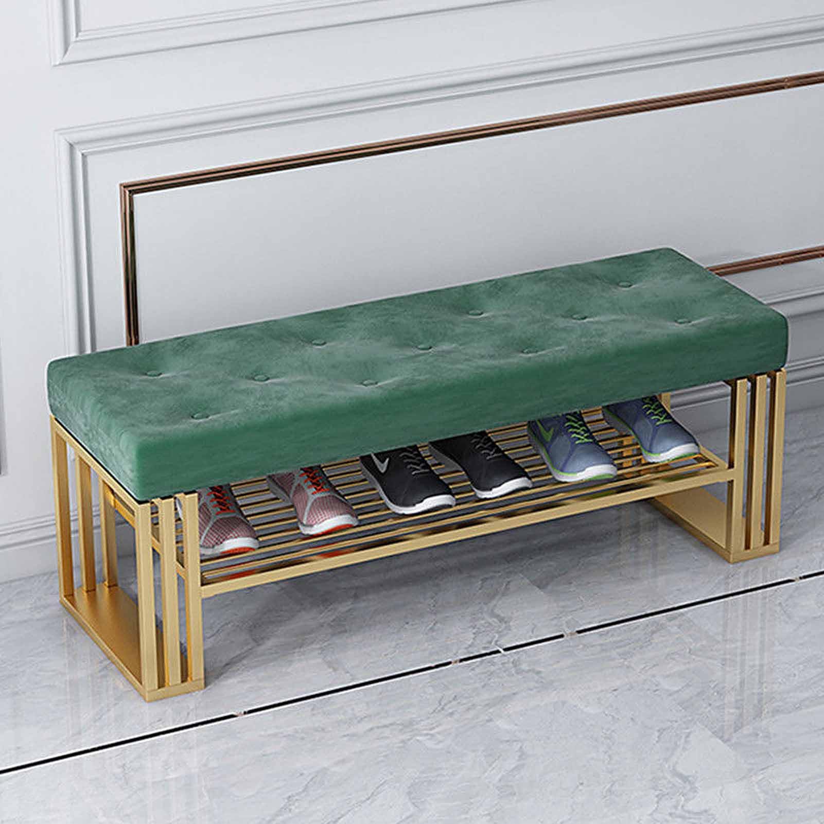SXZenSpace Shoe Rack Bench with Velvet Cushion, 2 Tier Metal Rack, Entryway for Hallway, Mudroom
