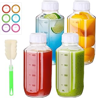 4 Pack 16oz Glass Juice Bottles with Lids, Reusable Milk Containers, Glass Drinking Jars for Juice, Bubble Tea, Smoothie, Tea, Kombucha